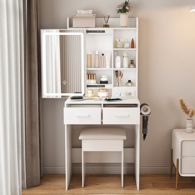 Small Makeup Vanity Desk With Mirror & Adjustable Led Lights,Built In Power Outlet & Hidden Storage, Includes Padded Stool & Shelf,Space Saving Dressing Table For Small Bedrooms,White