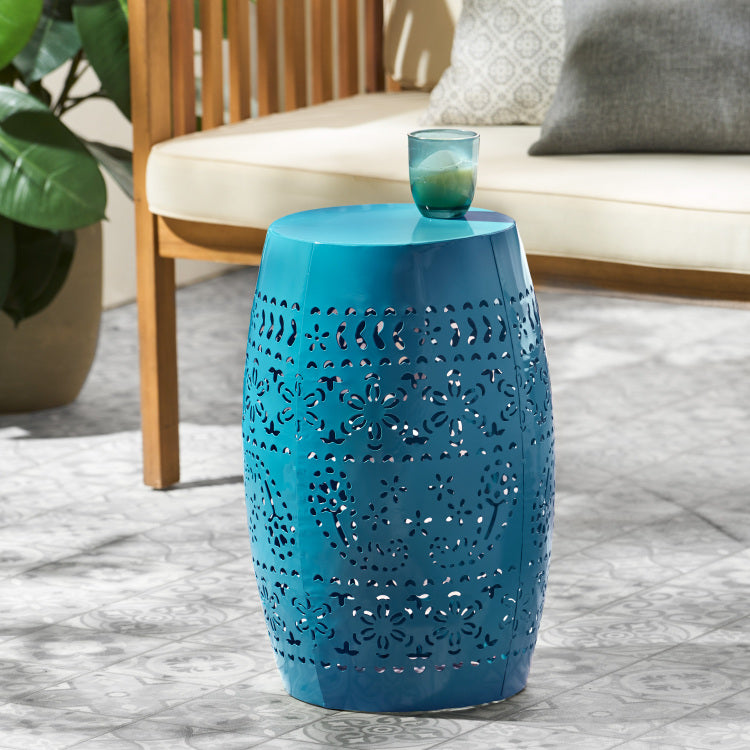 Ruby Side Table, Lace Cut Metal End Table For Outdoor & Indoor Use, Barrel Shape Accent Table With No Assembly Needed For Garden, Patio, Living Room, Backyard Decor,Blue Color