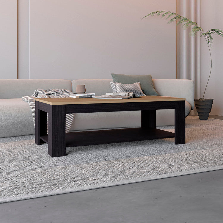 Cecil Coffee Table With Open Storage Shelf For Decor, Modern Design For Living Room Or Lounge Area, Natural Oak