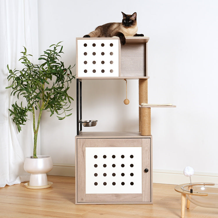 Cat Tree With Litter Box Enclosure, All In One Cat Tower For Indoor Cats With Large Hammock, Bed, Food Station, Scratching Posts, Modern Style Pet Furniture, Gray White