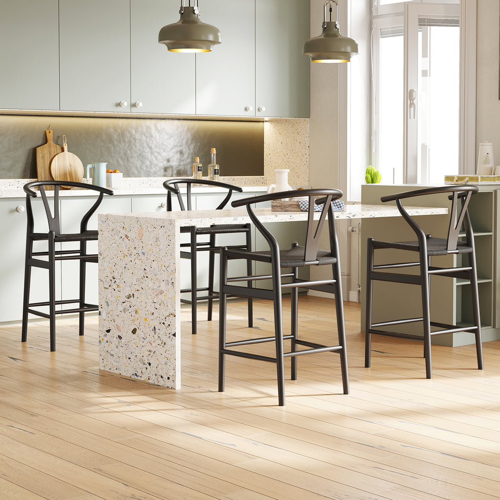 Wishbone Barstool,Weave Counter Height Bar Stools, Fully Assembled Rattan Bar Chairs For Kitchen Island,1Pc,Black