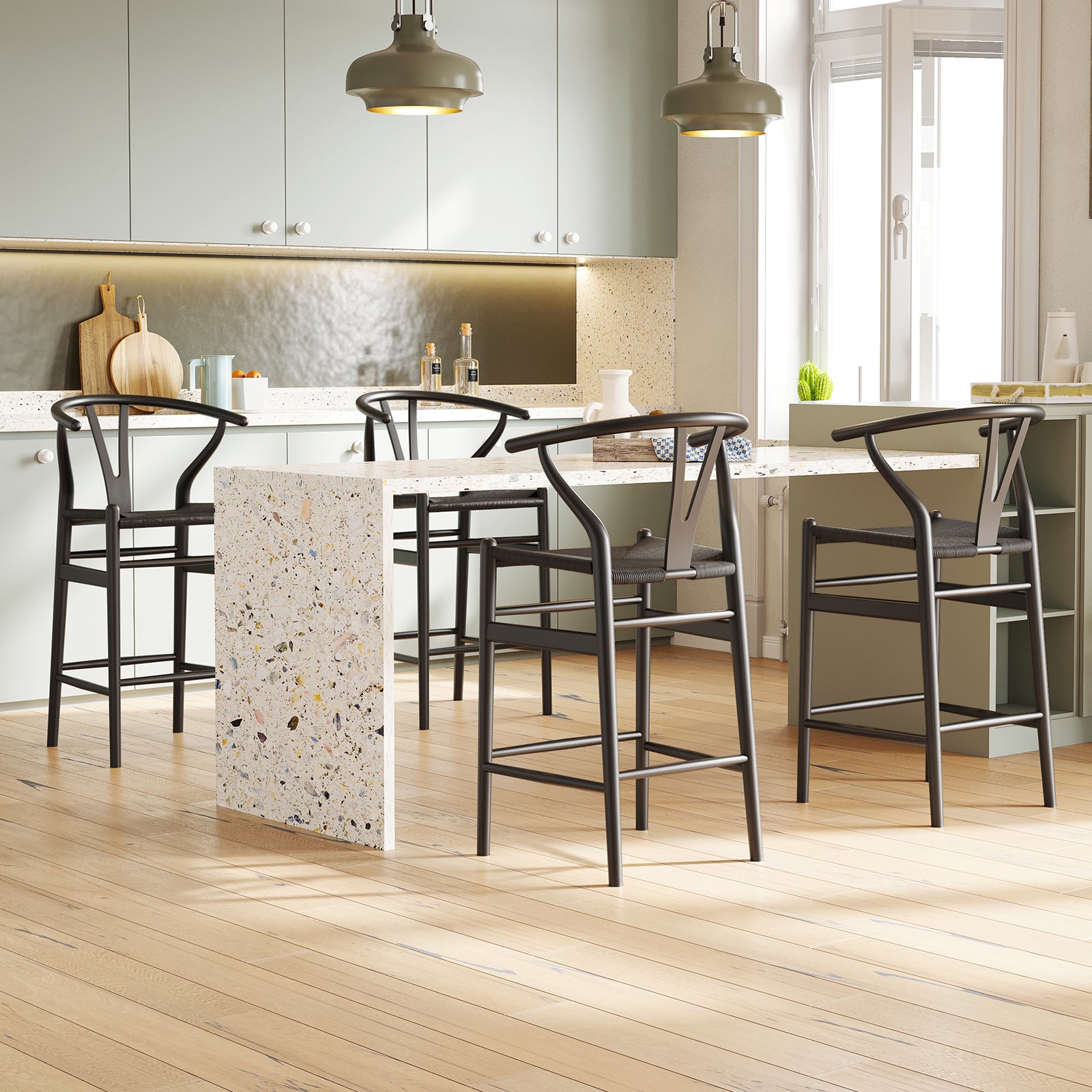 Wishbone Barstool,Weave Counter Height Bar Stools, Fully Assembled Rattan Bar Chairs For Kitchen Island,1Pc,Black