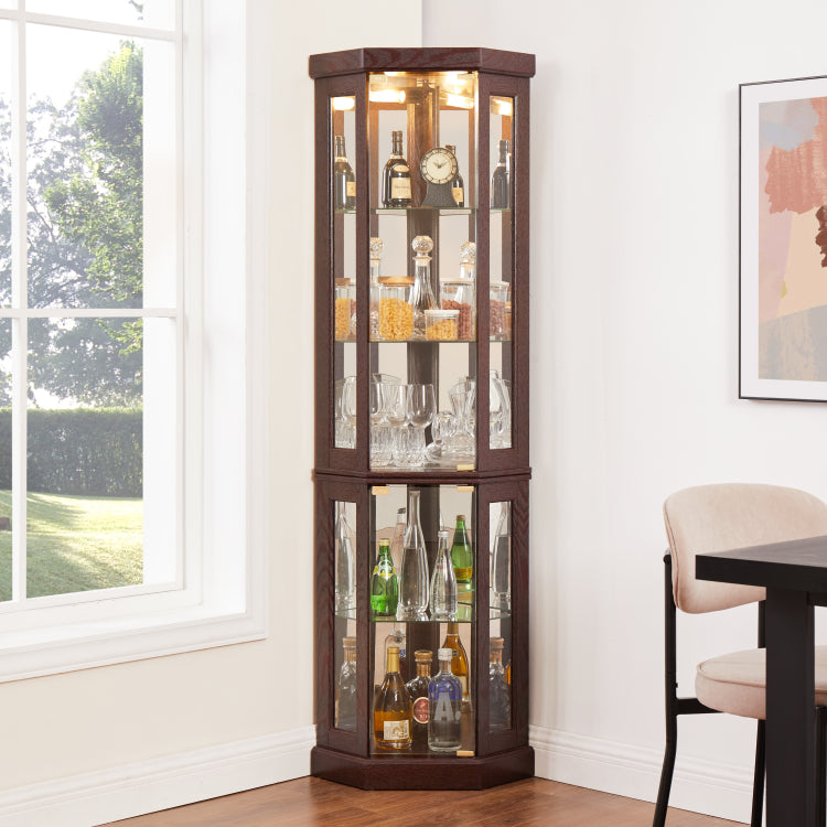 Corner Glass Cabinet Lighted Curio Cabinet Corner Display Case For Living Room, Curio Cabinet, Antique Collection, Wine,Bar Glass Storage Light Included,Dark Cherry