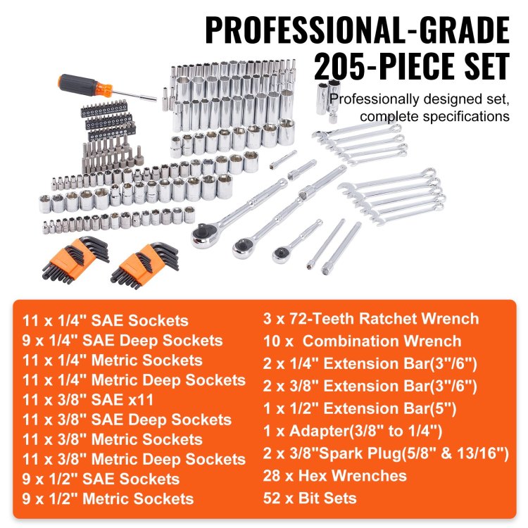 Mechanics Tool Set And Socket Set, 1 4" 3 8" 1 2" Drive Deep And Standard Sockets, 205 Pcs Sae And Metric Mechanic Tool Kit With Bits, Combination Wrench, Hex Wrenches, Accessories, Storage Case