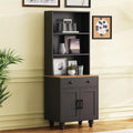 Farmhouse Storage Cabinet With 4 Solid Wood Gourd Shaped Legs, Modern Kitchen Pantry Cabinet With Adjustable Shelves, 5 Tier Bookshelf With Drawer For Living Room, Black