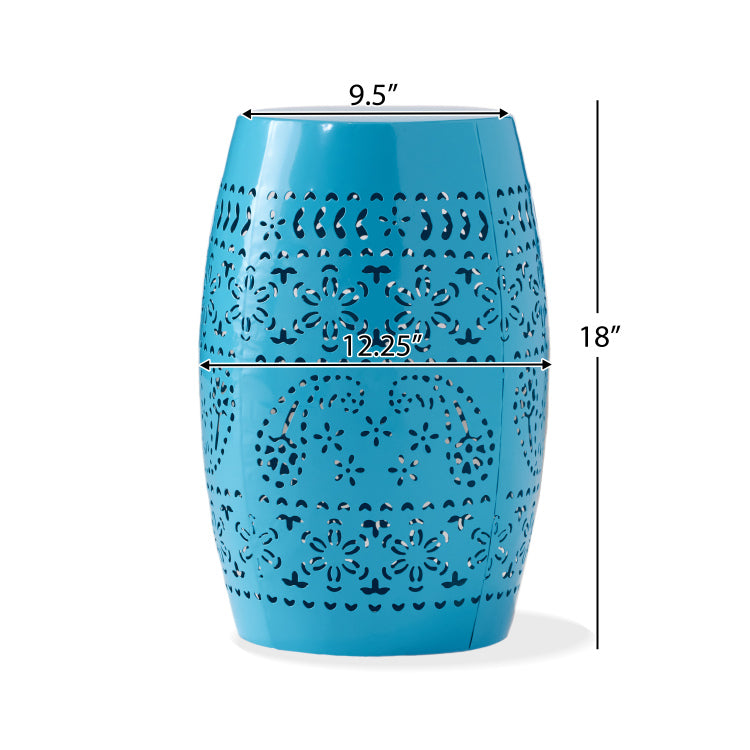 Ruby Side Table, Lace Cut Metal End Table For Outdoor & Indoor Use, Barrel Shape Accent Table With No Assembly Needed For Garden, Patio, Living Room, Backyard Decor,Blue Color