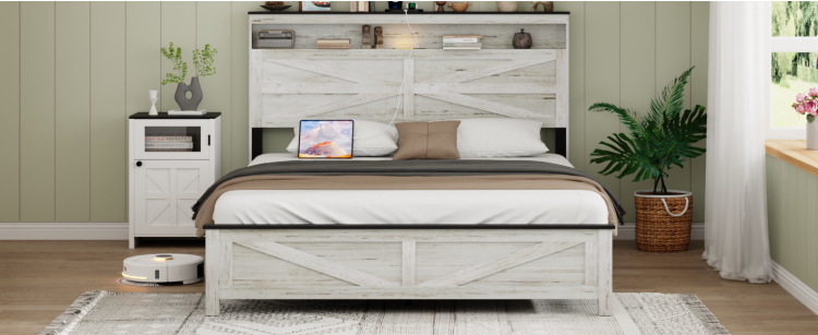Fully Floating Bed Frame With Led Lights And Charging Station Cushion Platform Bed Frame, Large Bed, With Headboard And Hidden Storage Space, No Need For Box Springs, Antique White Gray