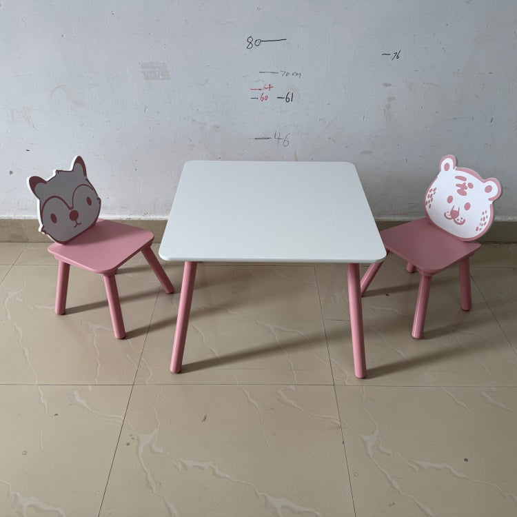 Kids Table And Chair Set, 3 Piece Wooden Toddler Desk With Animal Backrest, Activity Table For Drawing, Learning,Playroom Or Nursery Pink&White