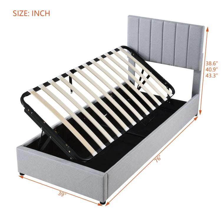 Twin Size Upholstered Platform Bed With A Hydraulic Storage System, Gray