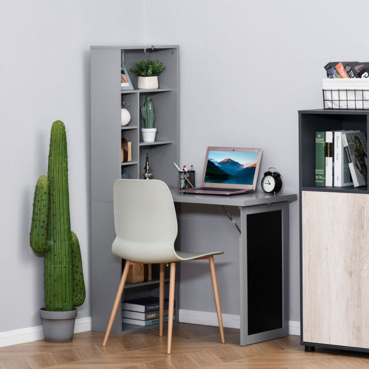 Homcom Fold Out Convertible Writing Table Wall Mount Desk Cabinet With Blackboard And Side Shelf Multi Function Home Office Workstation, Grey