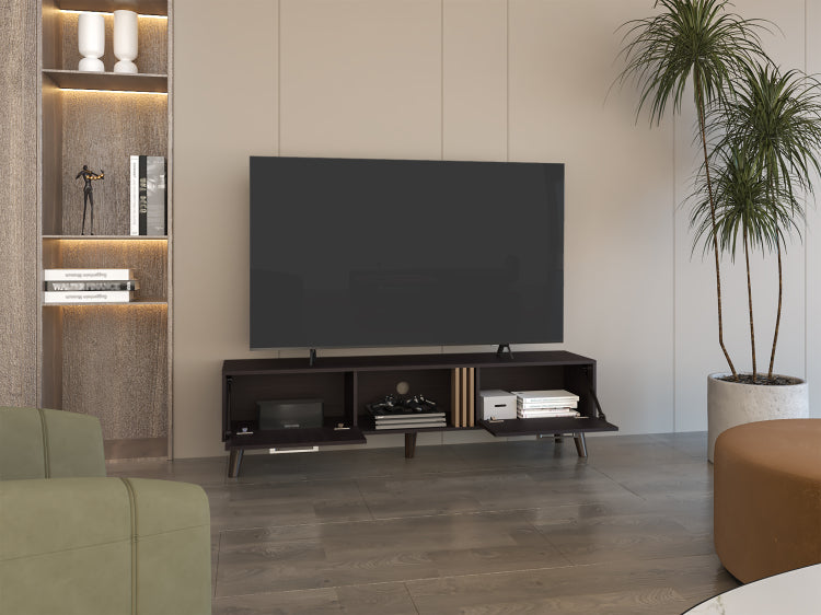 Vance 63" Wide Tv Stand With Two Pull Down Cabinets, Two Shelves, Cable Management , Living Room, Tv Room Black Wengue Light Oak