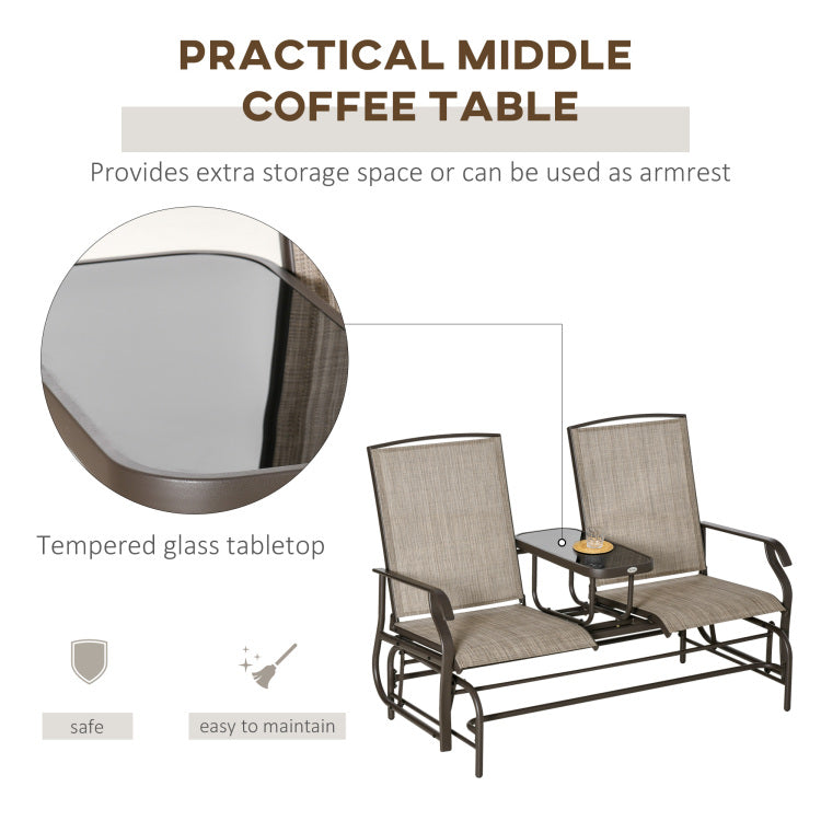 Outsunny Outdoor Glider Bench With Center Table, Metal Frame Patio Loveseat With Mesh Fabric And Armrests For Backyard Garden Porch, Brown