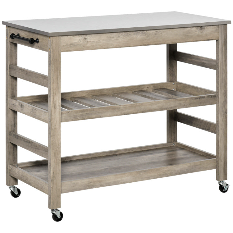 Homcom Rolling Kitchen Cart With Stainless Steel Countertop, 1 Bottom Shelf, 1 Slotted Middle Shelf And 4 Castor Wheels, Grey