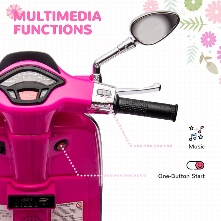 Qaba Vespa Licensed Electric Motorcycle For Kids, 6V Toddler Motorcycle, Battery Operated Motorbike For Kids With Music, Fm Radio, Headlight, Single Button Start For 3 6 Years, Pink
