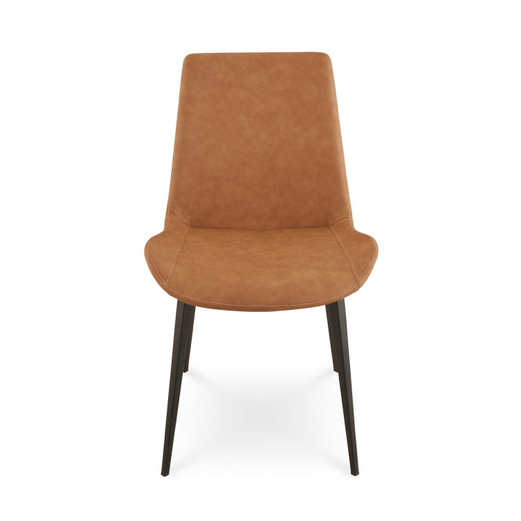 21 Inch Set Of 2 Dining Chairs, Brown Faux Leather, Angled Black Steel Legs