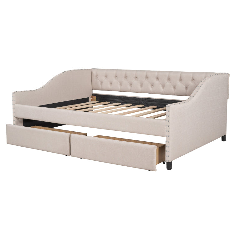 Upholstered Daybed With Two Drawers, Wood Slat Support, Beige, Full Size Old Sku :Lp001111Aaa