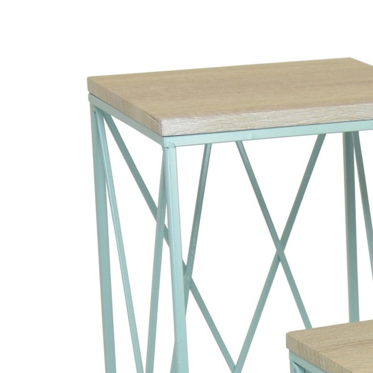 Mito 3Pc Nesting Plant Stand Table, Brown Wood Top, X Cross Blue Metal