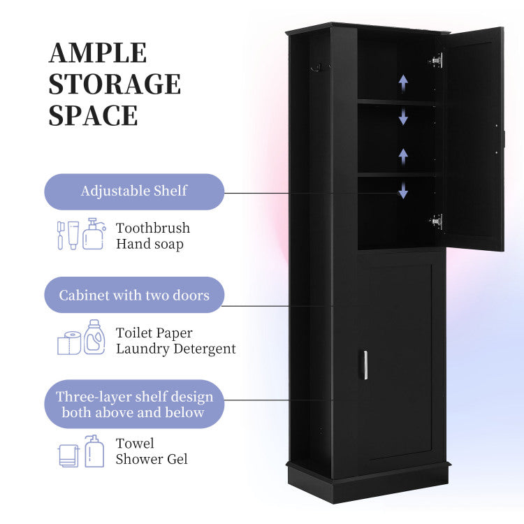 Tall Bathroom Storage Cabinet, Freestanding Storage Cabinet With Hook And Adjustable Shelf, Mdf Board, Black