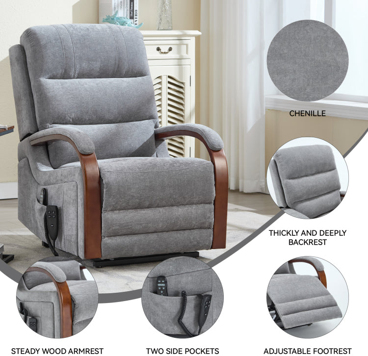 Power Grey Chenille Lift Recliner Chair Dual Motor Infinite Position Up To 350 Lbs With Solid Wood Armrests, Heat Massage And Heavy Duty Motion Mechanism