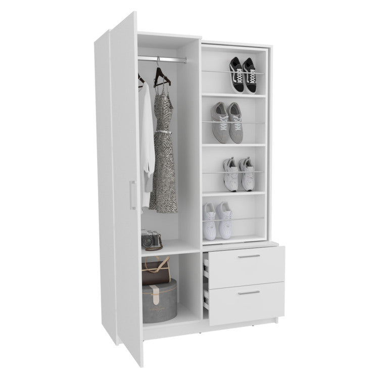 Seville 71" High Mirror Armoire, One Door Cabinet, Two Drawers , Hanging Rod, Rotating Mirror And Shoe Rack, Two Shelves White