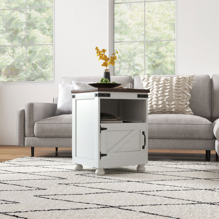 Homcom Small Side Table With Storage, Farmhouse End Table With Open Shelf And Cupboard, Modern Sofa Table With Wood Legs For Living Room, White