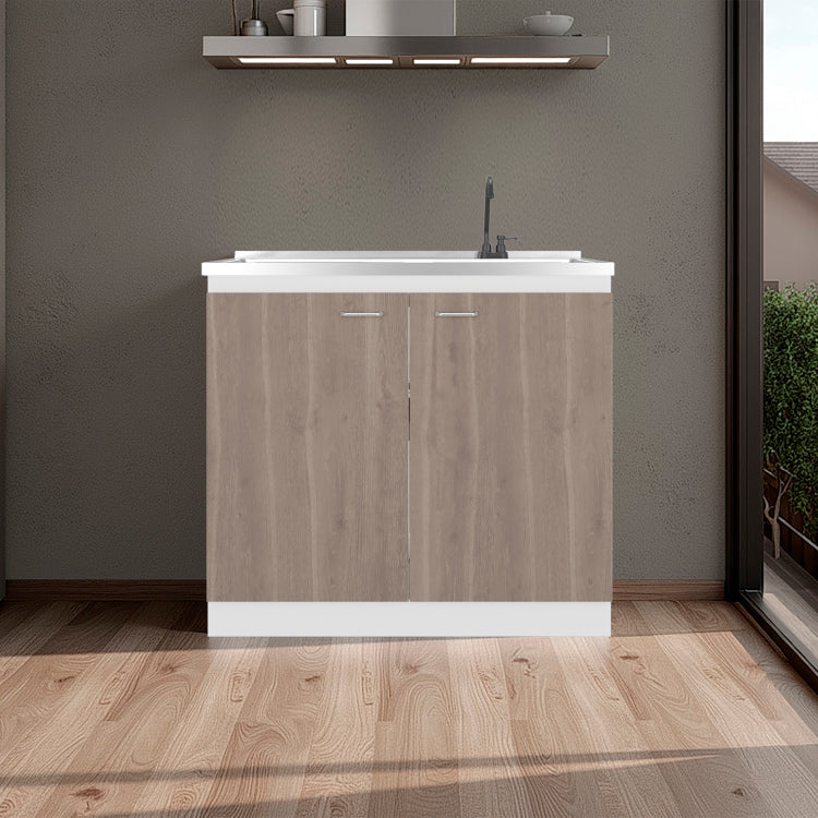 Napoles Utility Sink With Faucet Inclued And Integrated Stainless Steel Counter Top, Freestanding Cabinet With Two Doors, Metal Handles And Two Interior Shelves, Light Espresso