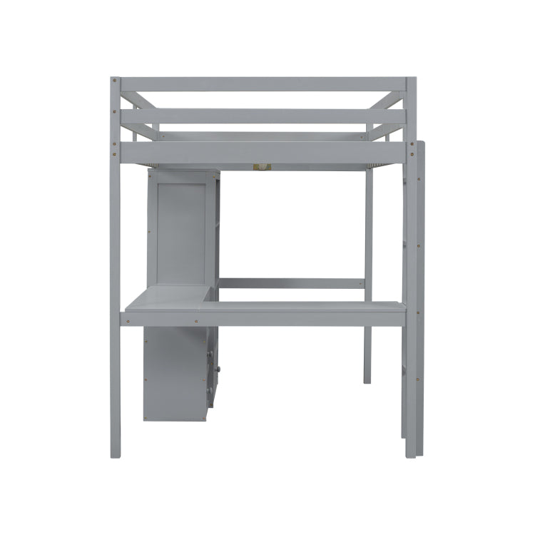 Full Size Loft Wood Bed With Desk, Storage Shelves And Drawers, Built In Ladder, High Loft Bed With Desk, Storage Shelves And Drawers,Guardrails,Grey