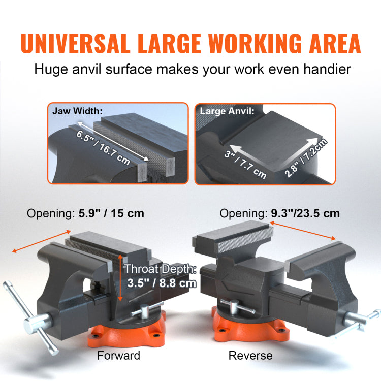 6.5" Bench Vise W 360 Swivel Locking Base & Two Way Jaw Ductile Iron