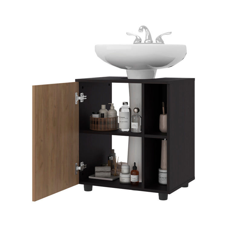 Under Sink Storage 24.4" H, 1 Door, 4 Shelves, 4 Legs, Natural Oak Black Wengue Bathroom