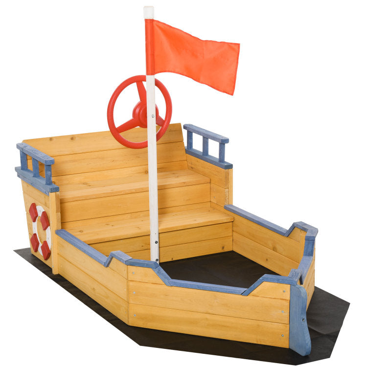 Outsunny Wooden Kids Pirate Sandbox, Outdoor Sandboat With Bench Seats, Storage, Non Woven Fabric Cloth For Backyard, Lawn