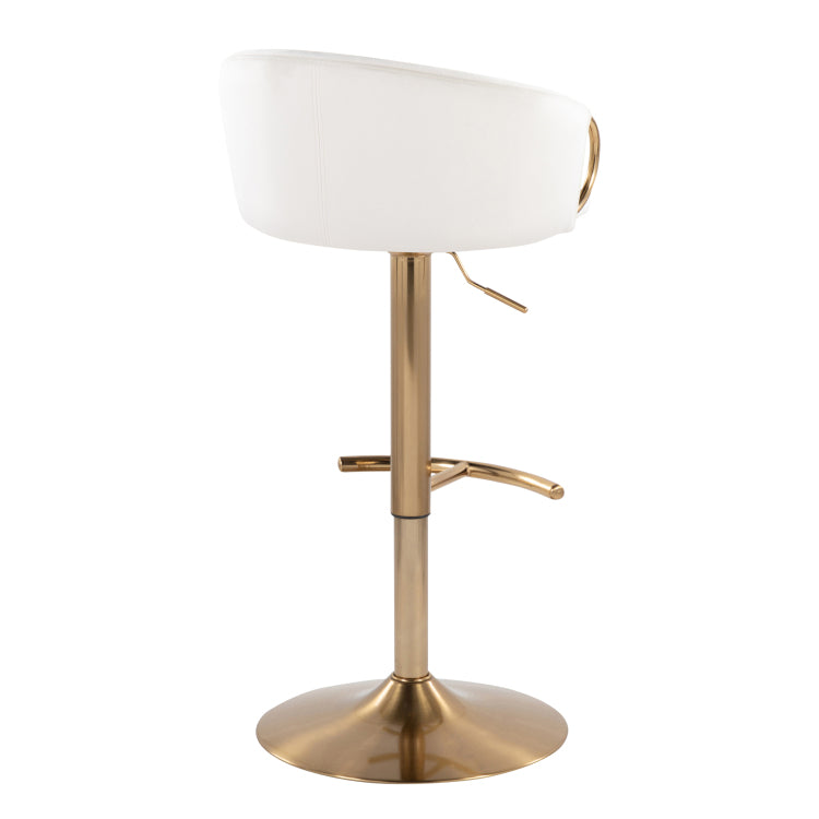 Contemporary Adjustable Barstool With Swivel In Gold Metal And Cream Velvet With Rounded T Footrest Set Of 2