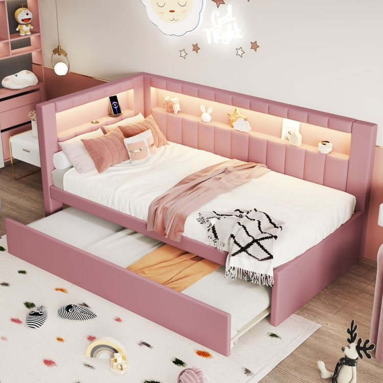 Upholstered Twin Size Platform Bed With Usb Ports And Led Belt, With Trundle, Pink