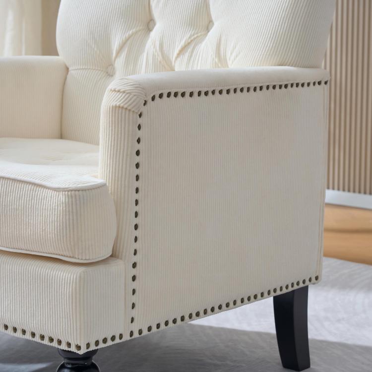 Tufted Club Chair, Accent Chair, Upholstered Button Armchair, Linen Fabric Corduroy Sofa Chairs For Bedroom, Living Room, Mid Century Modern With Studded Reading Chair Beige