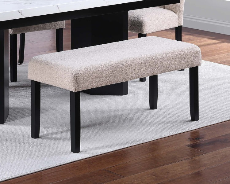 1Pc Dining Bench Only Upholstered Soft Fabric Seat Neutral Tone Bench Black Wooden Tapered Legs Dining Room