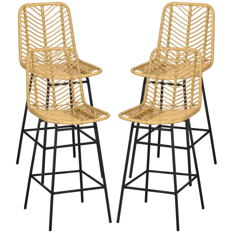 Homcom Rattan Bar Stools Set Of 4, 26" Counter Height Barstools, Boho Kitchen Island Stools With Wicker Seat And Back, Yellow