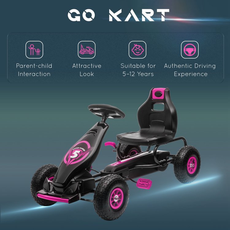 Aosom Kids Pedal Go Kart Ride On Toy With Ergonomic Comfort, Pedal Car With Tough, Wear Resistant Tread, Go Cart Kids Car For Boys & Girls With Suspension System, Safety Hand Brake, Ages 5 12, Pink