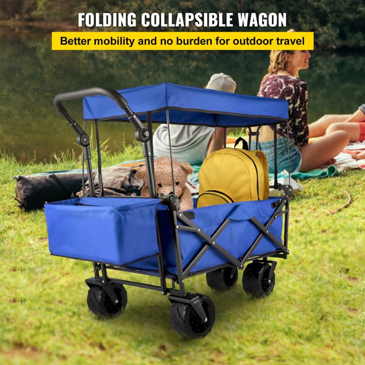 Extra Large Collapsible Garden Cart With Removable Canopy, Folding Wagon Utility Carts With Wheels And Rear Storage, Wagon Cart For Garden, Camping, Grocery Cart, Shopping Cart, Blue
