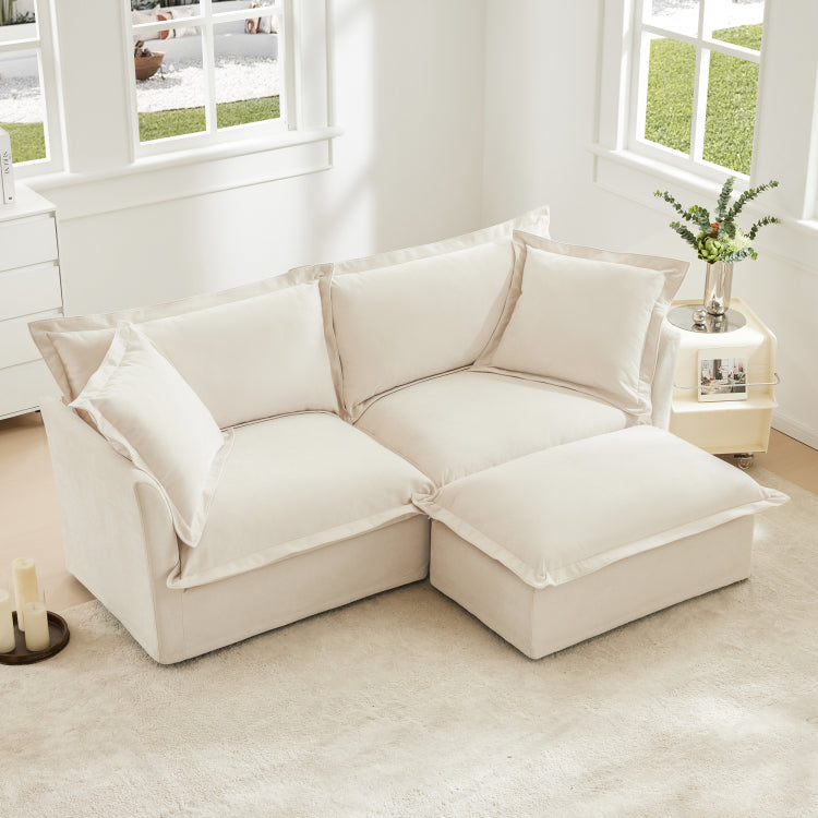 Slipcovered Sectional 2 Seater Sofa Couch With Convertible Ottoman, Wide And Deep Seat L Shaped Sofa With Detachable Cover And Soft Multiple Big Pillows, Chenille Fabric, Cream