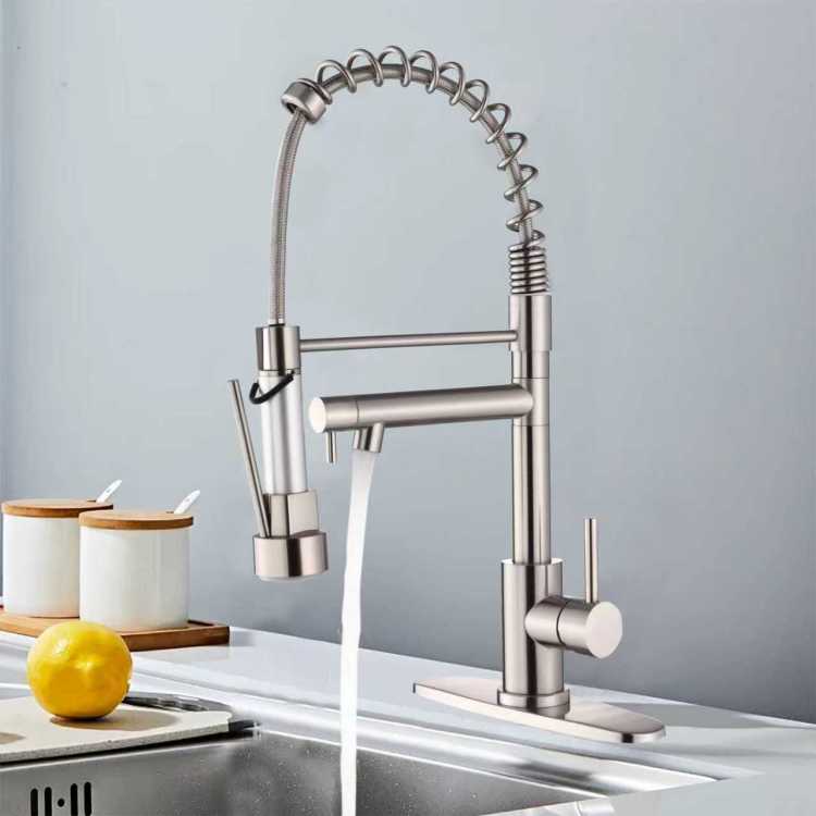 Kitchen Faucet With Pull Down Sprayer, Touch On Single Handle 2 Function Stainless Steel Spring Neck, Single Hole Installation For Residential, Commercial, Rv, Bar & More, Brushed Nickel