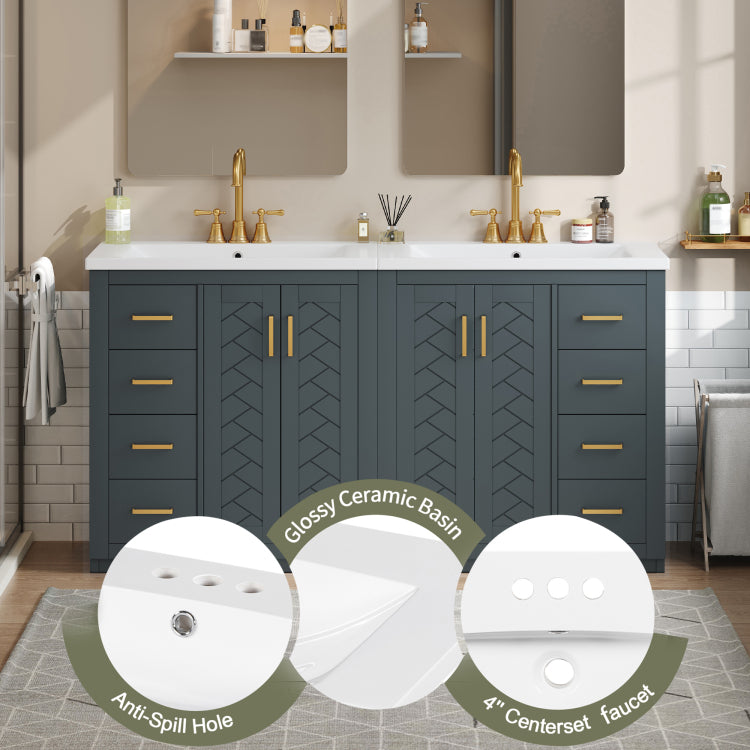 60'' Bathroom Vanity Set With Ceramic Sink Separate ,Solid Wood Frame Bathroom Storage Cabinet, Freestanding Vanity Set With Drawers & Soft Closing Doors