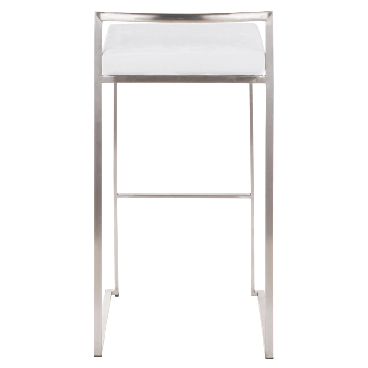 Contemporary Stackable Barstool In Stainless Steel With White Velvet Cushion Set Of 2