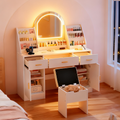 47.2" Makeup Vanity With Mirror And Light, Vanity Desk With Cushioned Storage Stool, Dressing Table With Two Organizers,3 Drawers And 2 Cabinets For Bedroom, White