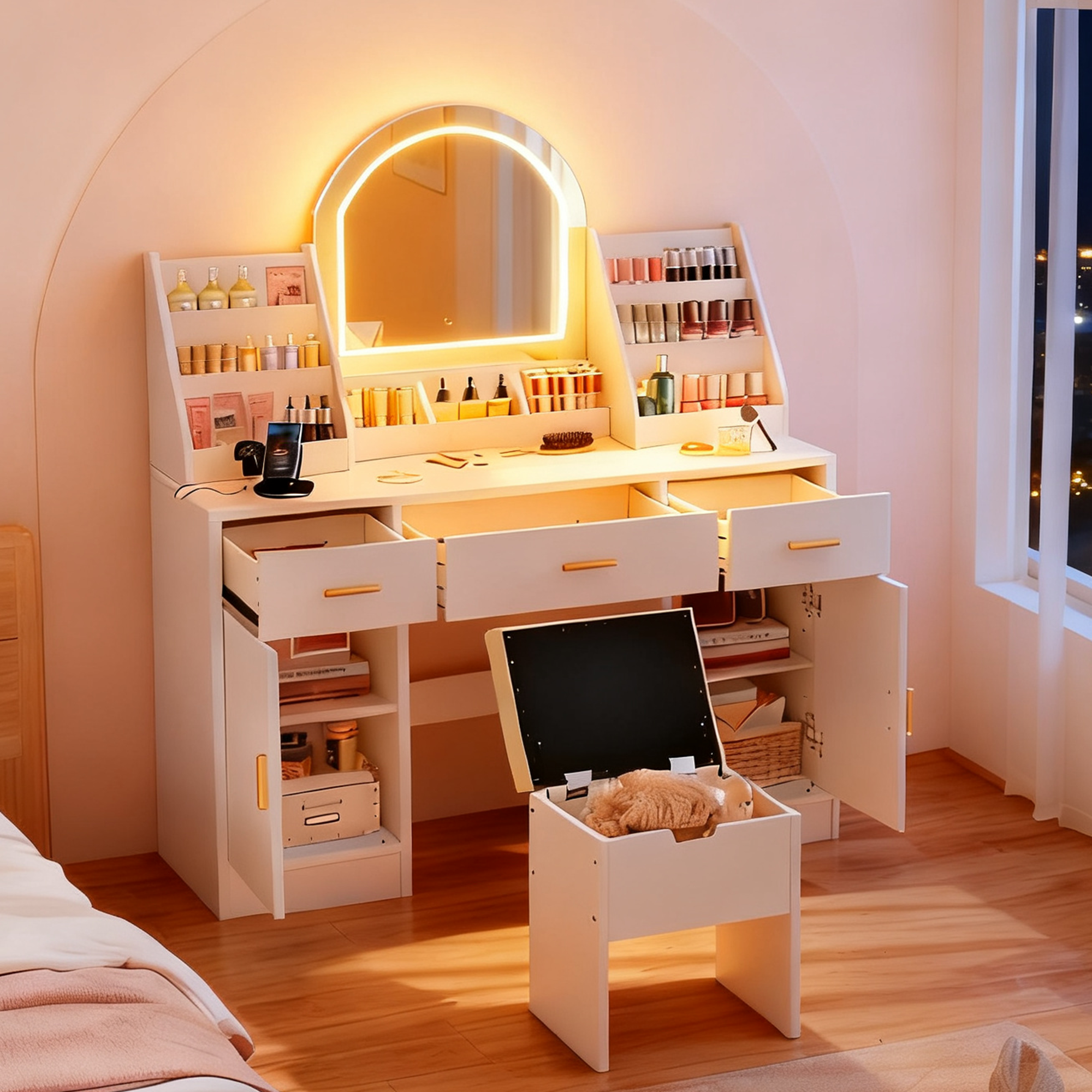 47.2" Makeup Vanity With Mirror And Light, Vanity Desk With Cushioned Storage Stool, Dressing Table With Two Organizers,3 Drawers And 2 Cabinets For Bedroom, White