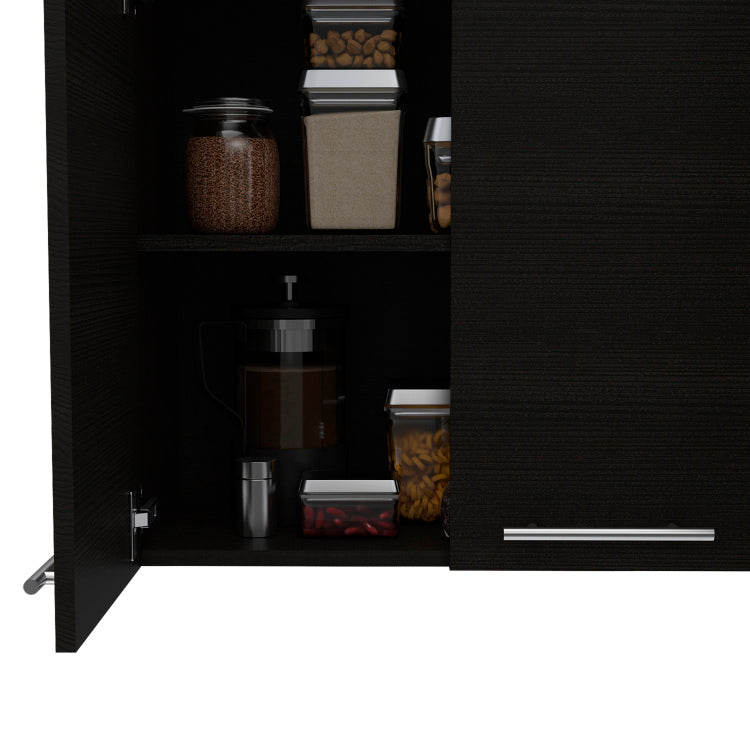 Wall Cabinet 24" H, Four Doors, With Two Internal Shelves And Internal Plate And Glass Organizer, Black