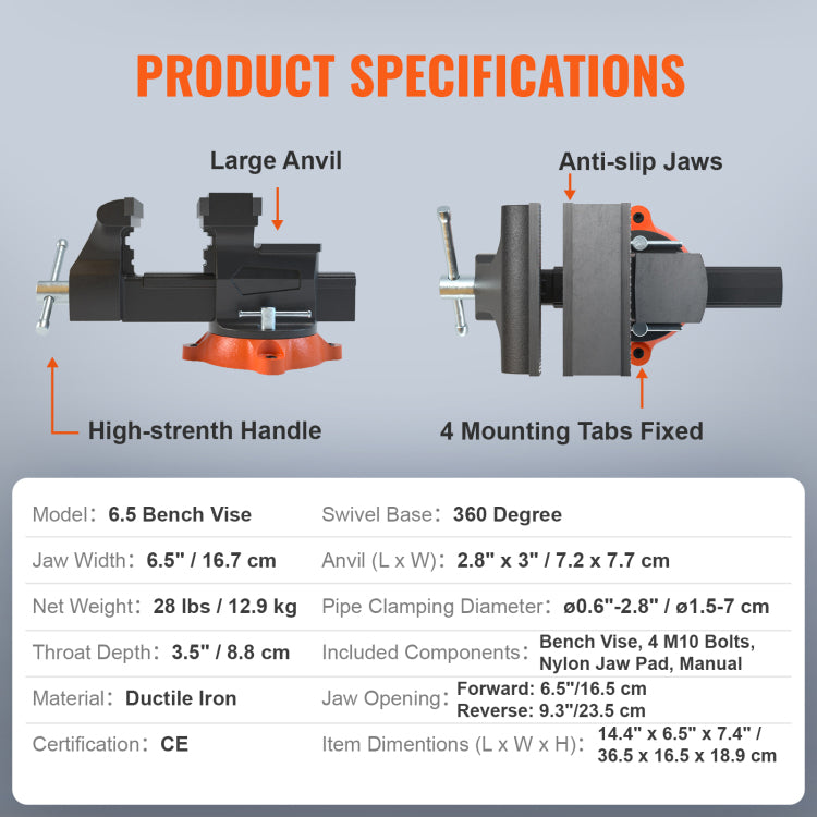 6.5" Bench Vise W 360 Swivel Locking Base & Two Way Jaw Ductile Iron