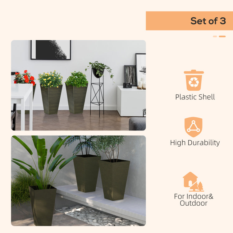 Outsunny 28" Tall Outdoor Planters, Set Of 3 Large Taper Planters With Drainage Holes And Plug, Faux Wood Plastic Flower Pots For Outdoor, Indoor, Garden, Patio, Dark Brown