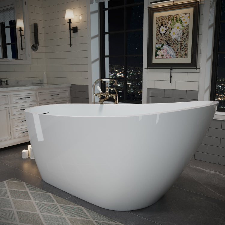 63" Acrylic Freestanding Bathtub, Stylish Deep Soaking Bathtub With Pop Up Drain & Integrated Overflow, Contemporary Stand Alone Bath Tub For Bathroom Spa Or Home Upgrade, Glossy White Th 26A04 63