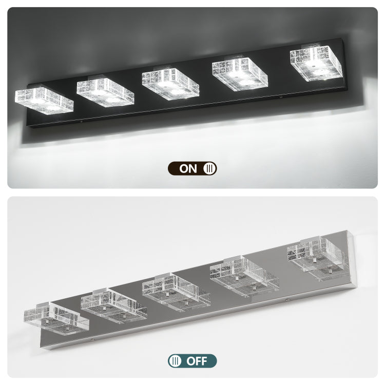 31" Modern Chrome 5 Light Led Vanity Light, Square Acrylic Lampshades Wall Mount Fixture For Bathroom, Mirror Lighting