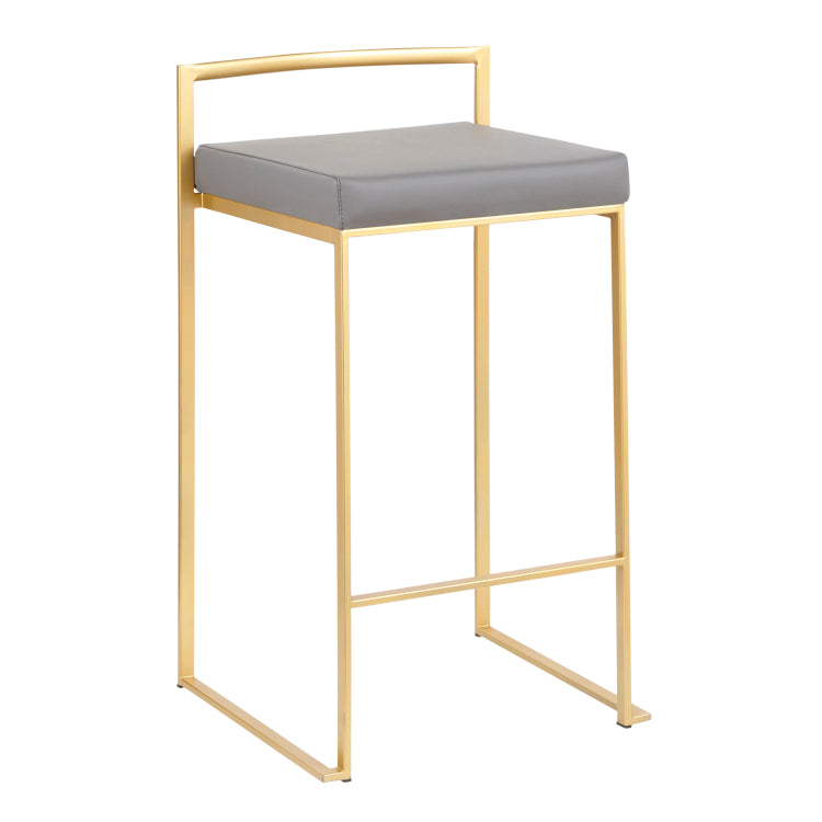 26" Contemporary Counter Stool In Gold Metal With Grey Faux Leather Set Of 3
