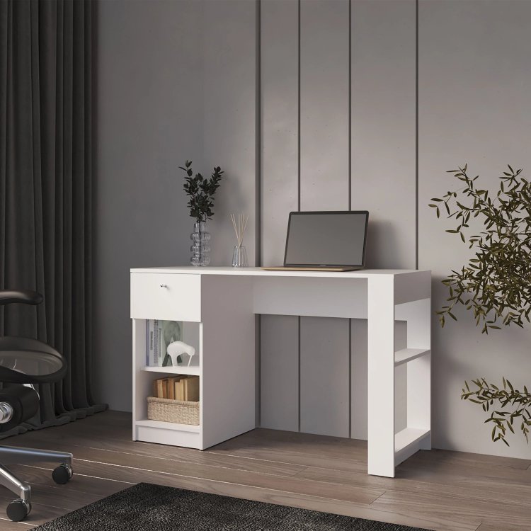 White Computer Desk With Drawer And Open Storage